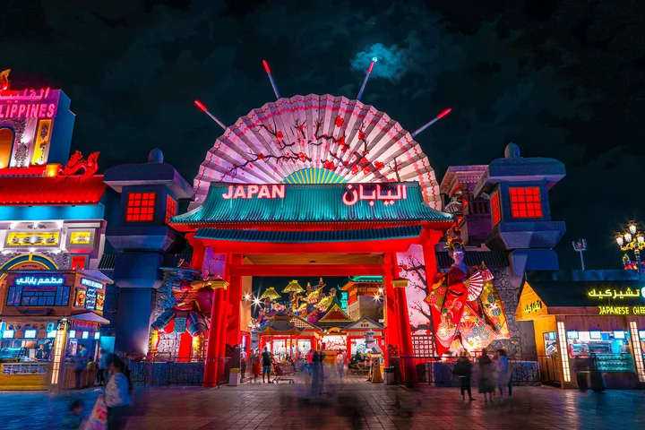 Colourful illuminated pavilions at Global Village in Dubai