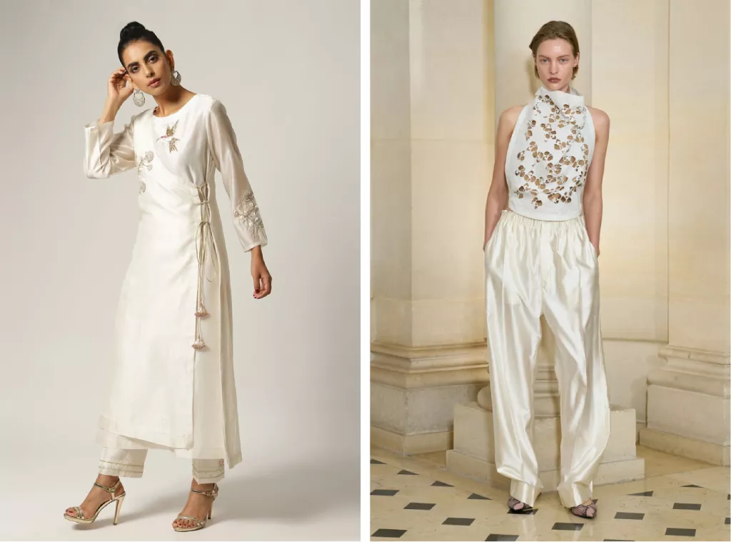 Silk Chanderi Angrakha from Anantaa By Roohi (left) & Carven Spring Collection 2026 ready-to-wear (right) | Vogue