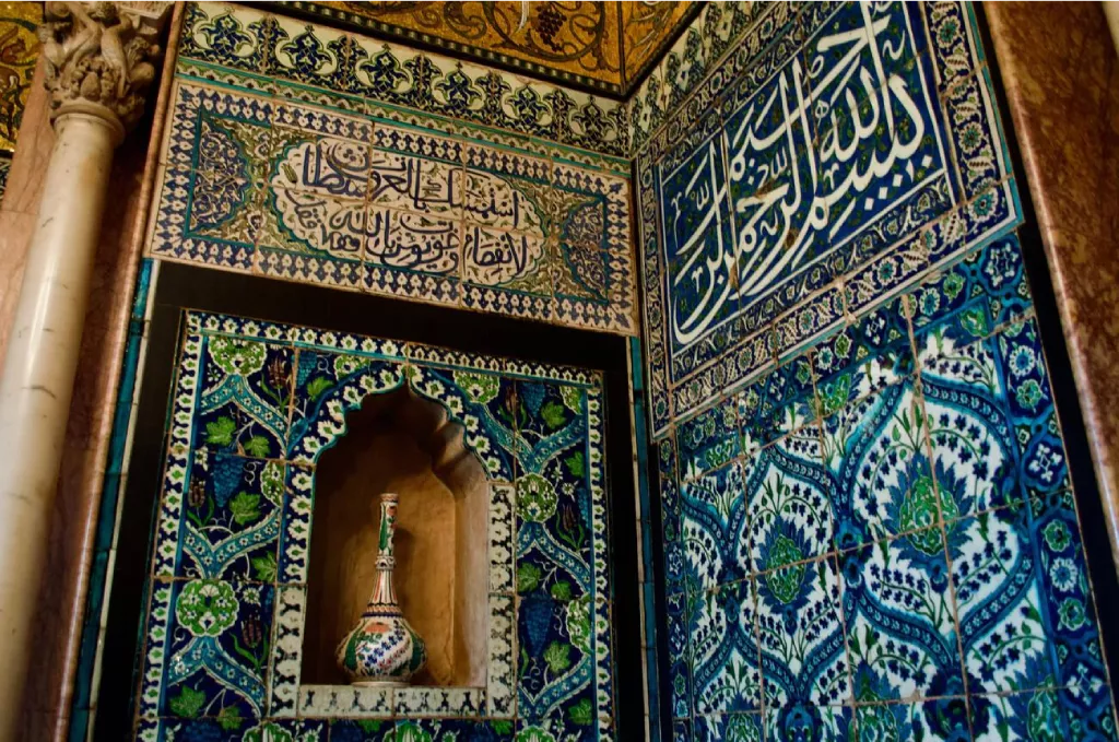 Authentic Iznik and Damascene tiles on the northwest corner of the Arab Hall | Alarmy