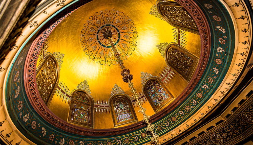 Interior of the dome of the Arab Hall with coloured-glass windows | RBKC